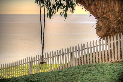 A swing hangs from a tree outside the Point San Luis Lighthouse in Avila Beach, California