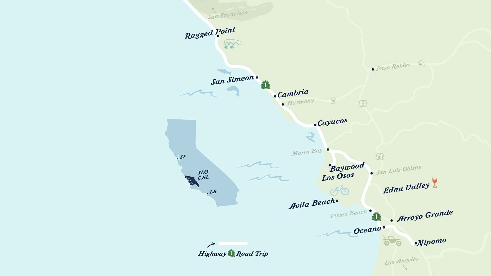 Highway 1 Road Trip map of cities